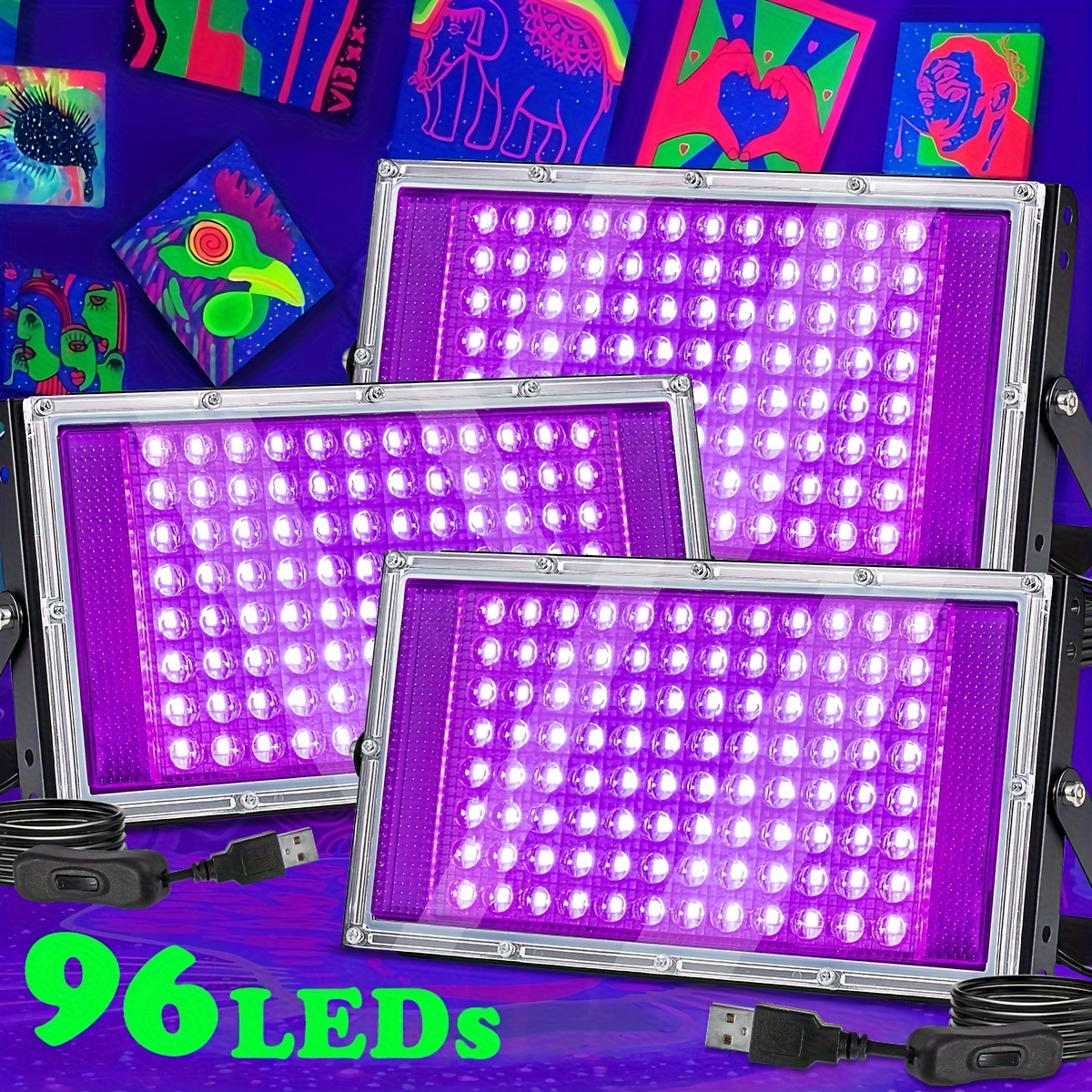 96 leds uv black light 1 2 3 pack blacklight with usb plug and switch for glow party bedroom halloween christmas valentines day fluorescent poster stage lighting metal case