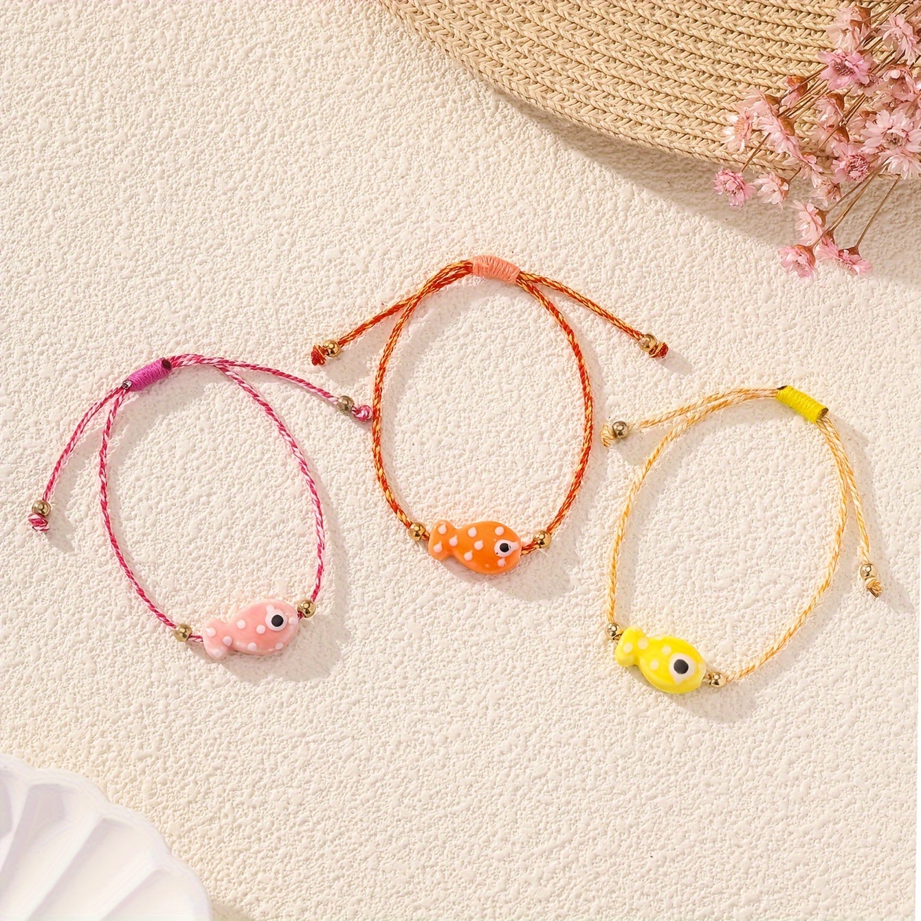 Image of 3pcs Women's Bracelet Set, Colorful Cute Braided Rope Beaded Fish Bracelets, Ideal For Vacation Wear