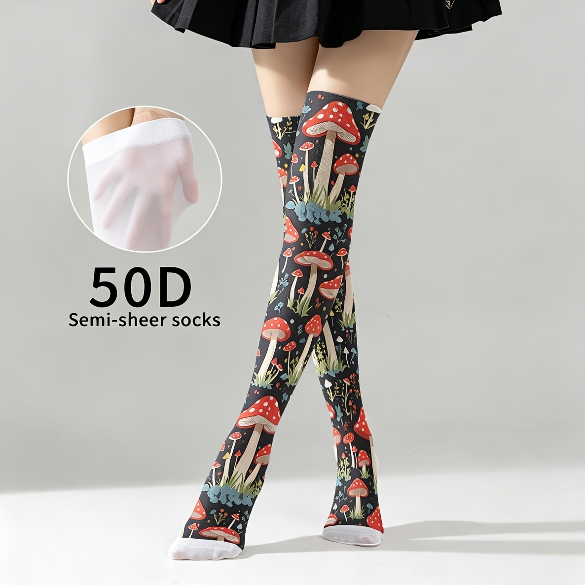 TEMU 1 Pair Of Semi-sheer Red Mushroom Print Thigh-high Stockings, Made Of Elastic, Breathable, And Thin Fabric. Featuring A With Red Mushrooms As