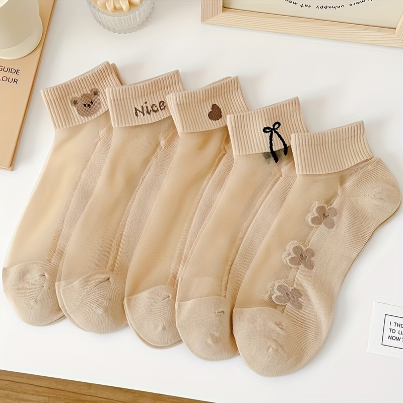 E-shop 5 Paar dünne Cartoon Bär Süße Schleife Spitze Kurze Socken Atmungsaktive Modische Lässige Kurze Socken Mesh Hollow Boot Socken Strümpfe