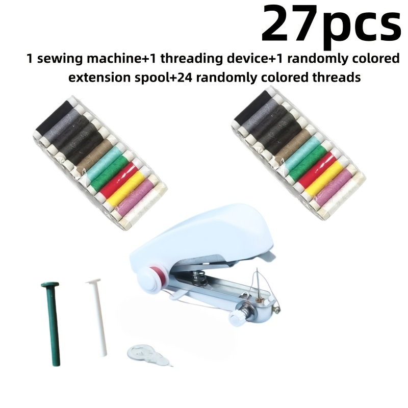 TEMU 27pcs (1pc Portable Mini Manual Sewing Machine+1pc Needle Threading 1pc Extended Spool+24pcs Random Color Thread), Handheld Manual Easy Sewing,