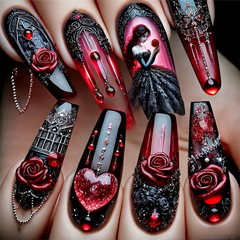 TEMU 24pcs Red Black Gothic Style, 3d Rose And Heart Diamond Decor, -painted, Castle Atmosphere Full, Pointed Nails Brighten Skin, Spicy Valentine's