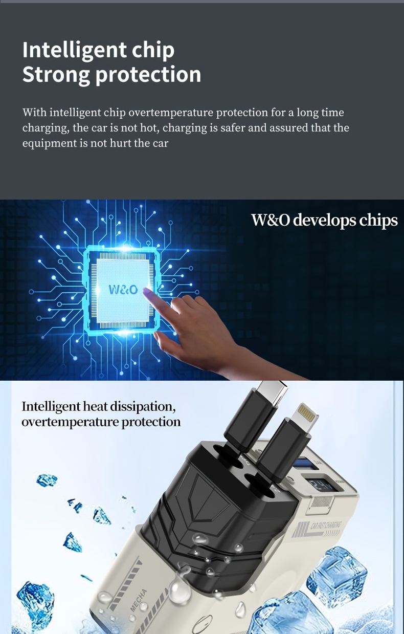 [Fast Car Charger] 120W 4-in-1 Retractable Fast Charging Car Charger - PD 3.0 Type-C Mobile Phone Charger For IPhone, Xiaomi, Huawei, Samsung Smartphone - Short Circuit Protection, Over Heat Protection, Over Voltage Protection, Over Charge Protection