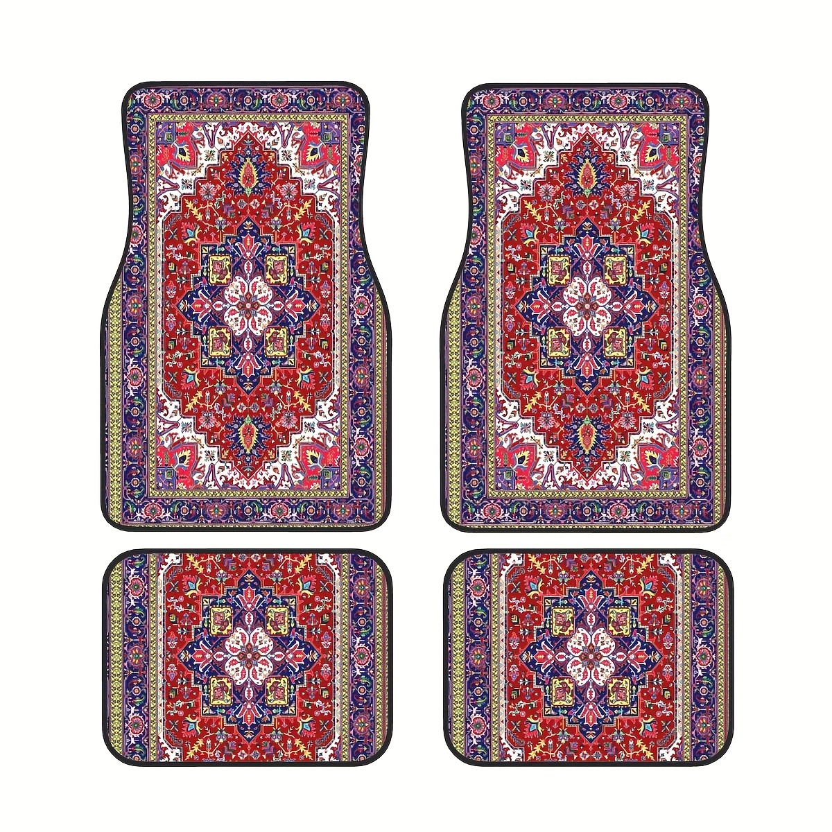 

4-piece Set Red Ethnic Vintage Pattern Car Floor Mats - Fit, Non-slip, Waterproof & Easy To Clean Rubber Interior Accessories