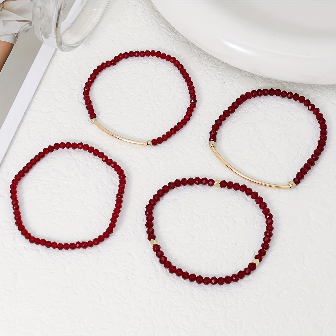 Image of 4pcs Women's Fashion Bracelet Set, Retro Minimalist Pomegranate Red Artificial Crystal Beaded Stackable Bracelets, Perfect For Daily Wear Or Festive Gifting