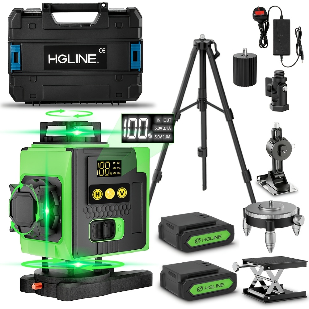 1 set of 16 wire 4d green laser level kit 360 degree automatic leveling 4  green   laser level tool with 2 rechargeable lithium batteries for building tile hanging floors including metal lifting platform and metal base with tripod