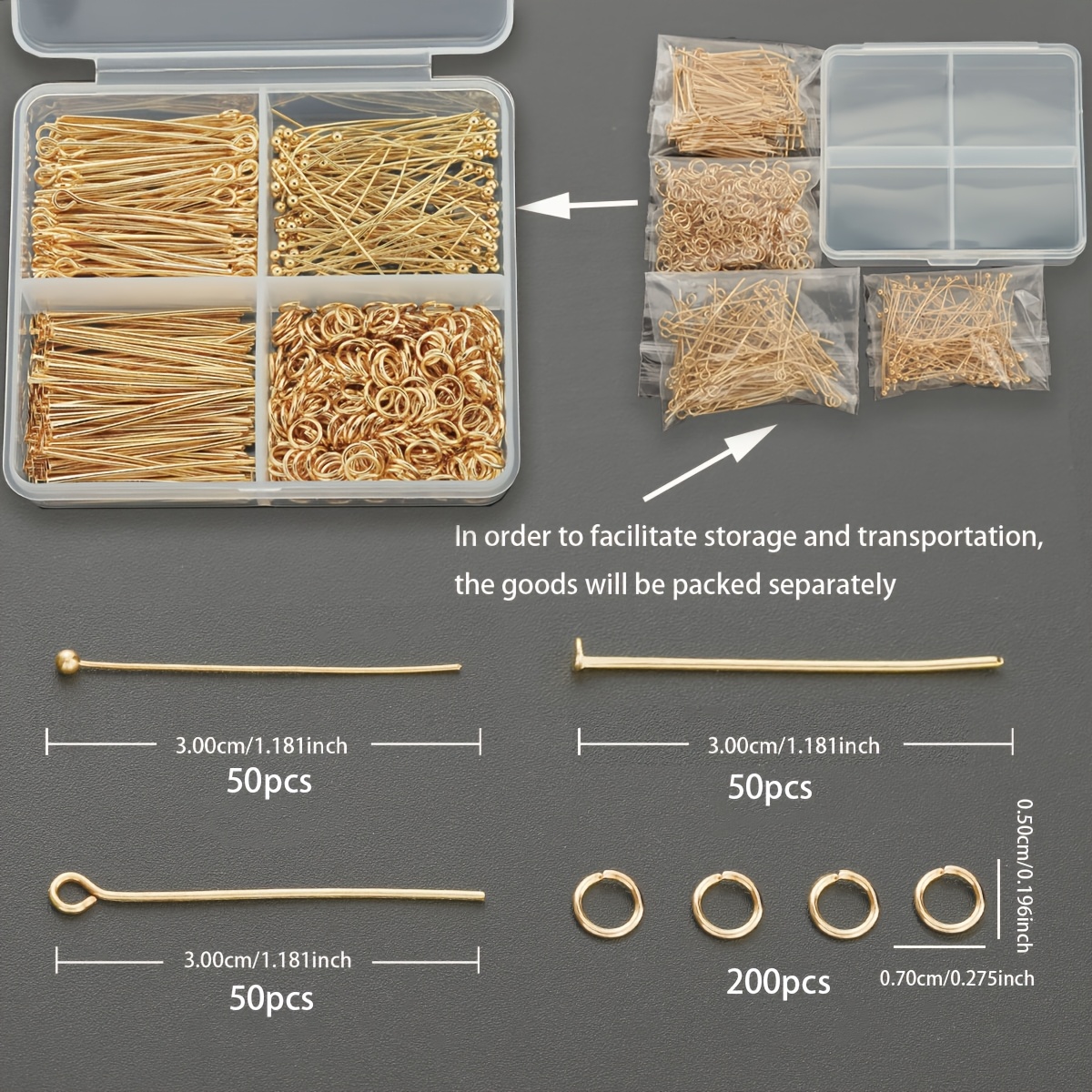 E-shop 350 Stück/Box KC Golden DIY Schmuckstift-Set, inklusive 50 Stück Neunzackige Stifte, 50 Stück Kugelkopfstifte, 50 Stück Flachbodenstifte 200