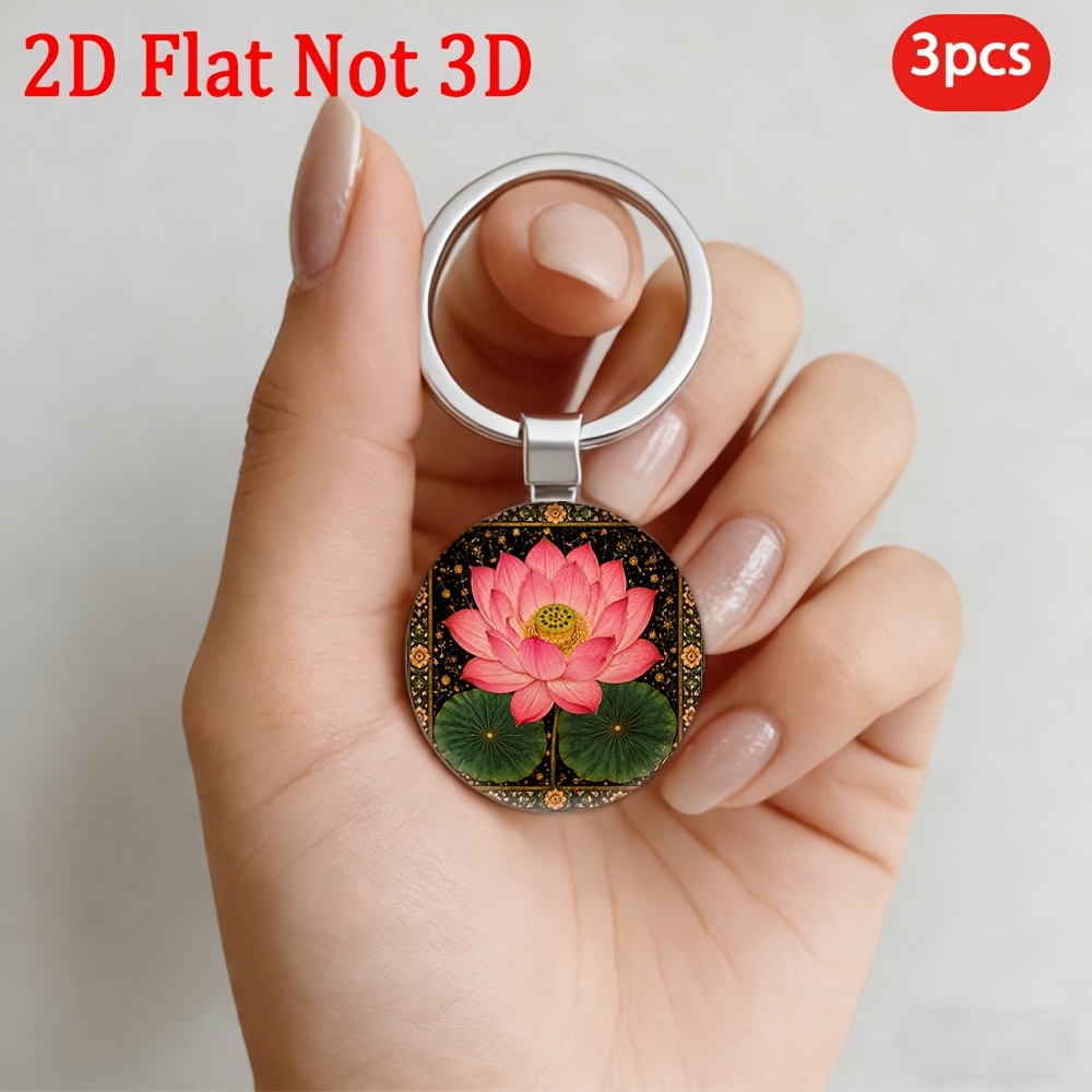 Fashionable Pink Lotus Patterned Round Key Pendant Keychain, 3pcs