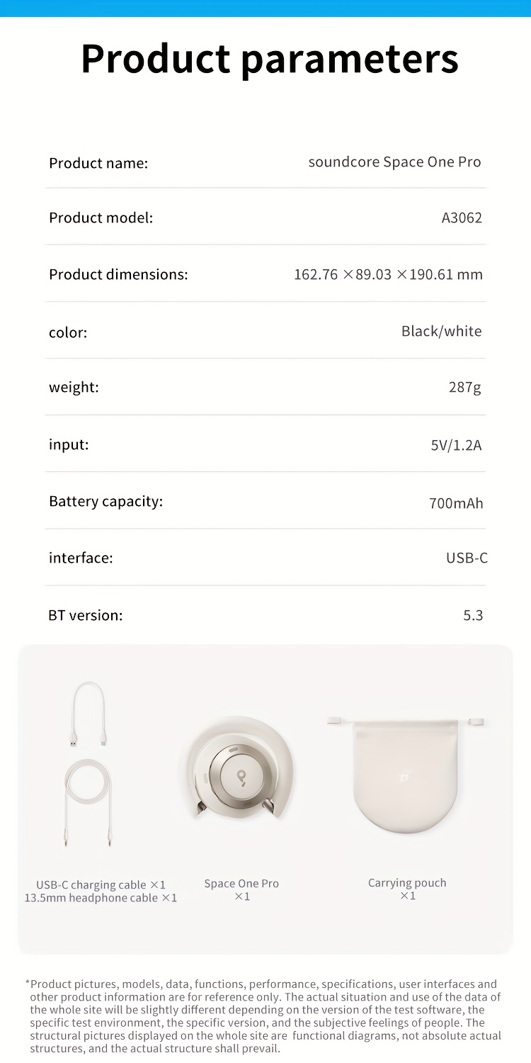 Soundcore by Anke Space One Pro Draadloze Over-Ear Koptelefoon | Actieve Ruisonderdrukking, Hi-Res Dubbel Gouden Hoge Geluidskwaliteit, Opvouwbaar, Ultra-Lange Batterijduur, Geschikt voor Apple, Huawei, Xiaomi Mobiele Telefoons en Computers