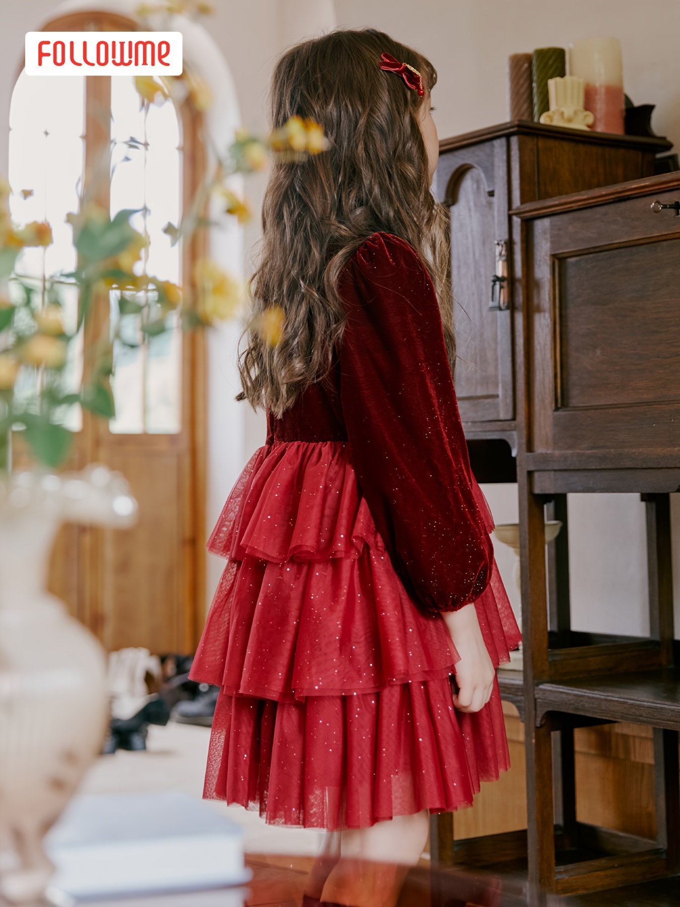girls sparkling velvet midi dress crew neck long - Temu United Arab Emirates