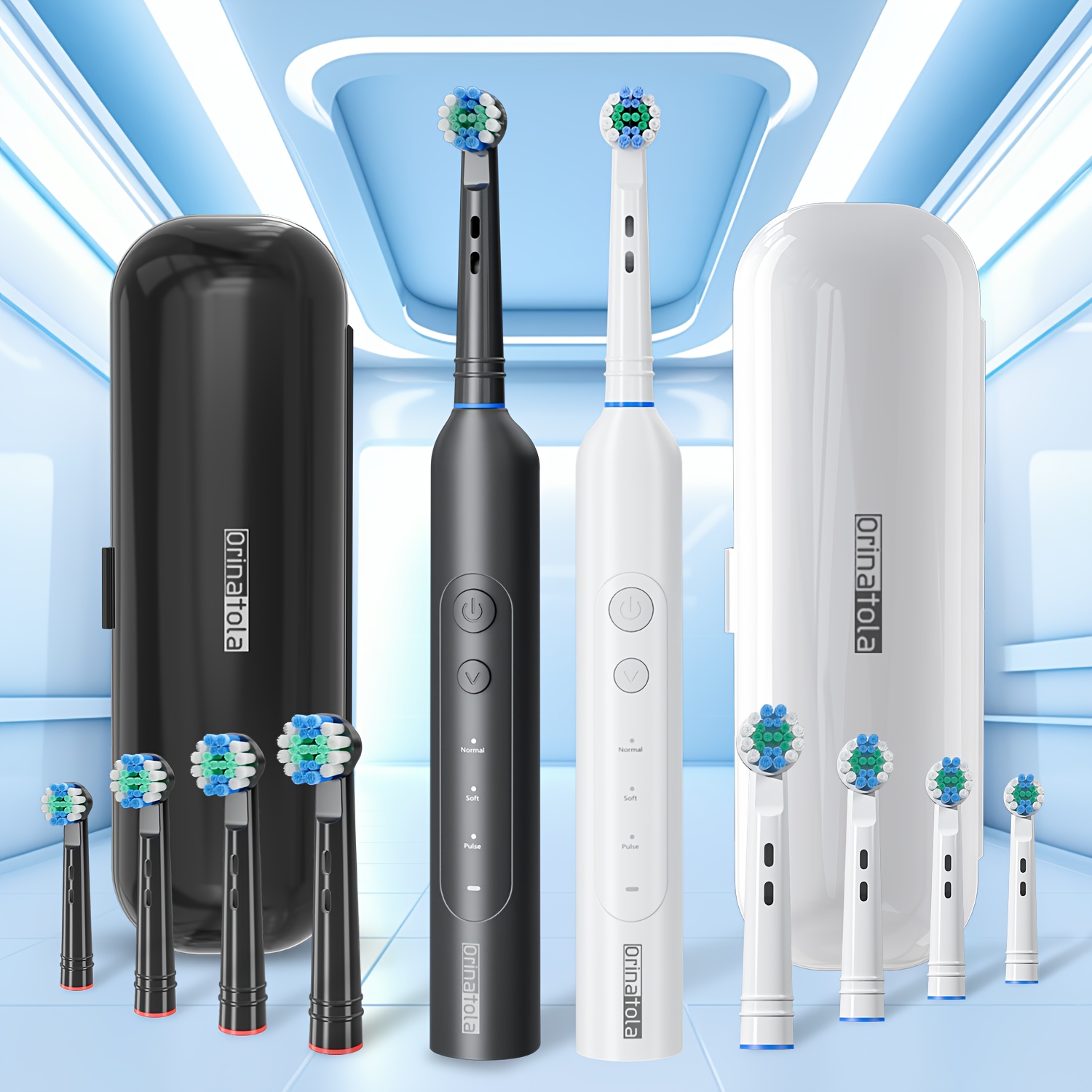 Image of A Set Of 2 Orinatola Electric Toothbrushes, 8 Brush Heads, Ipx7 Waterproof, 2 Travel Cases, 3 Cleaning , Usb C Fast Charging, 2-minute , A Great Gift For Yourself And