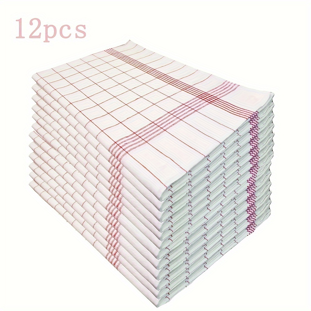 12pcs Classic Plaid Dish Towels - Ultra-Soft Microfiber Cleaning Cloths with Red & White Checkered Pattern, Durable & Absorbent for Kitchen, Bathroom, Living Room