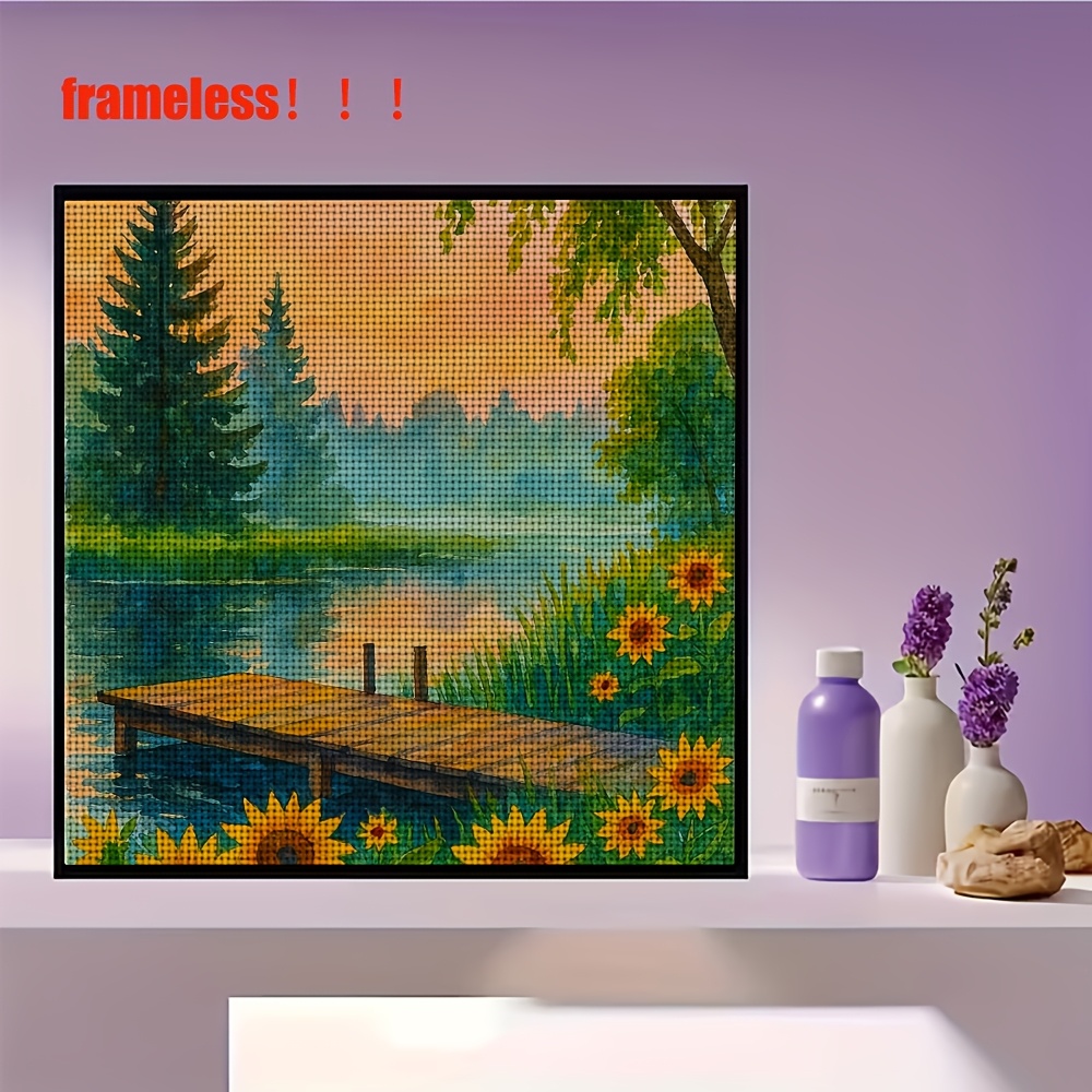 Lakeside Wooden Bridge Sunflower Pattern Cross-Stitch Kit