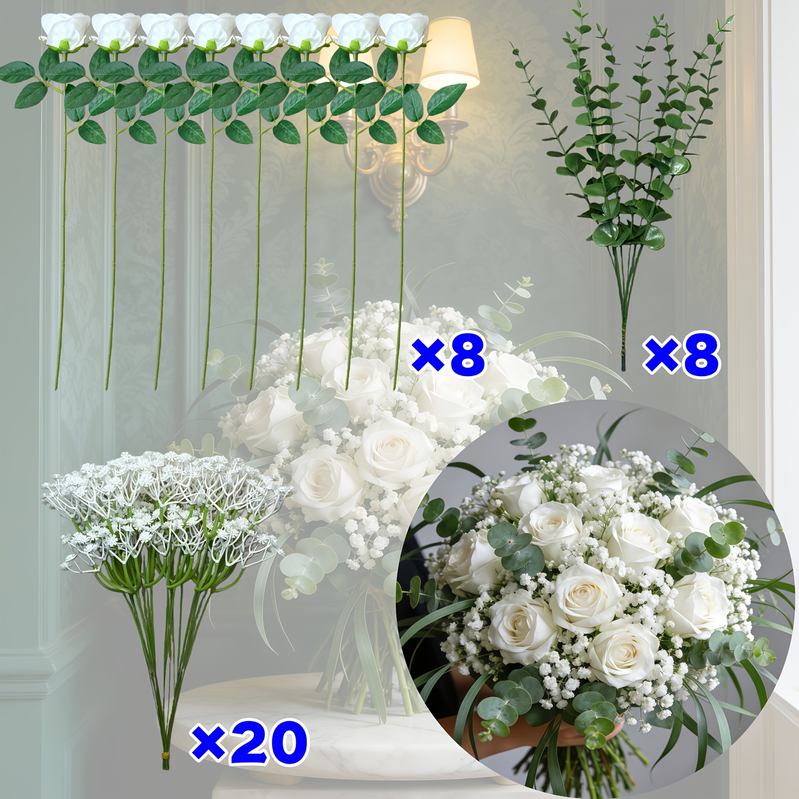 TEMU 36pcs Set - 616 Flowers - High-end White Roses With White Baby's Breath + Eucalyptus Bouquet - Rose Flowers - White Rose Bouquet - Baby's Breath