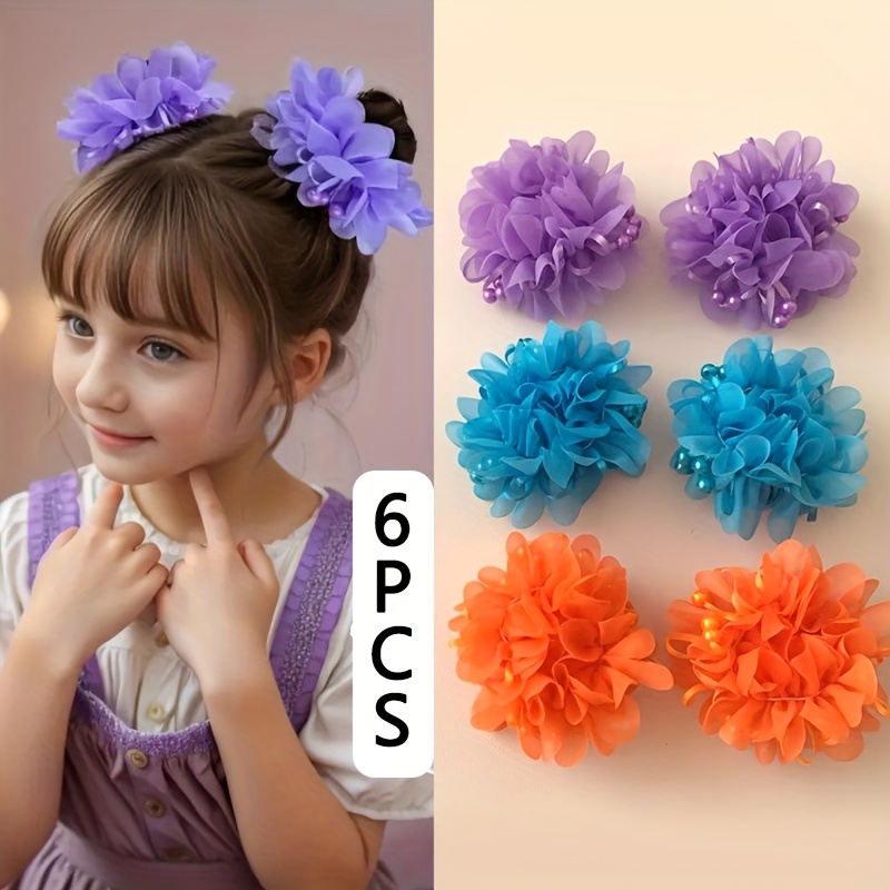 Image of 6pcs Purple Blue Orange Pink Cute Head Flower Hair Tie Hair Additions Suitable For Little Girls' Daily Additions