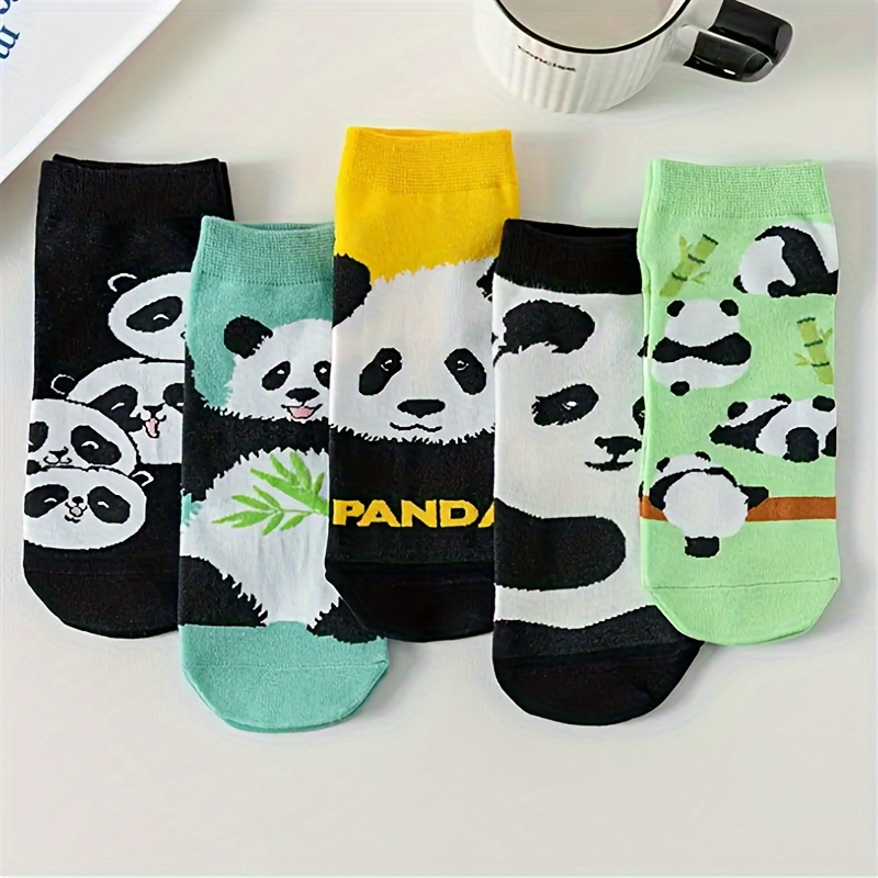 

5 Pairs Cartoon Panda Print Socks, Cute College Style Ankle Socks For Fall & Winter, Women's Stockings & Hosiery