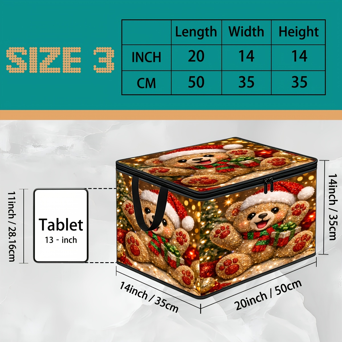TEMU 1pc Christmas Bear Storage Box With Lid - Large Rectangular Suitable For Wardrobe & , Non-woven Fabric With Sturdy Zipper Closure, Under-bed