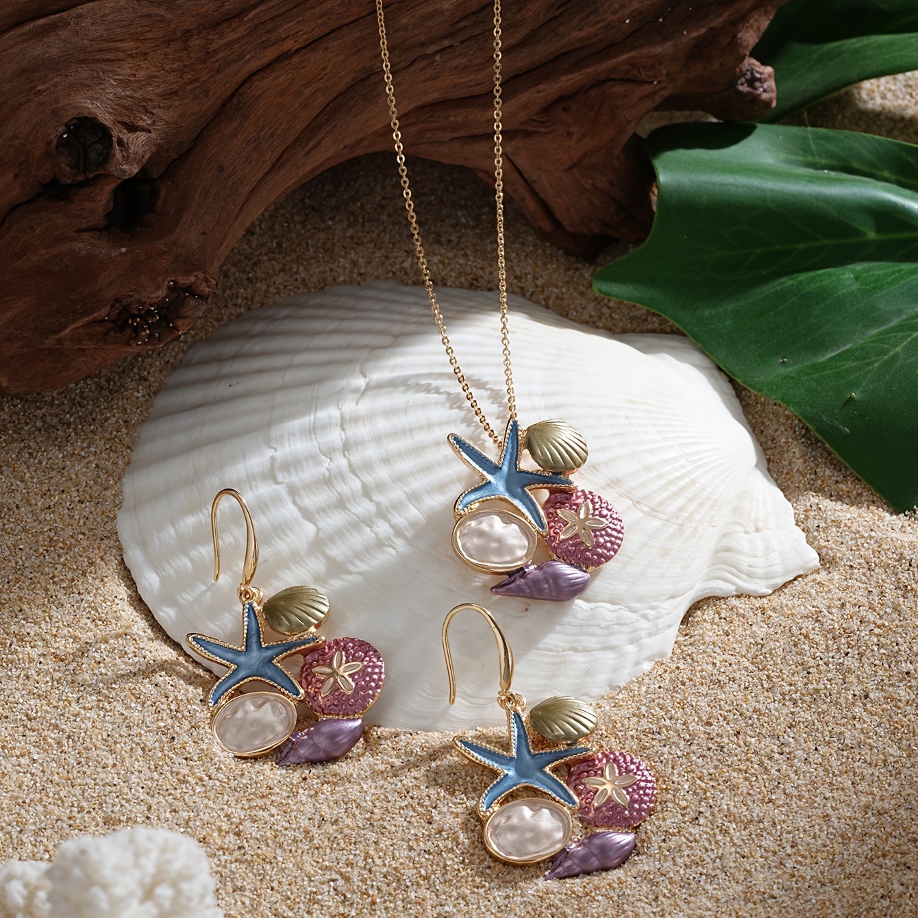 Ocean Themed Jewelry Set with Starfish Necklace and Earrings