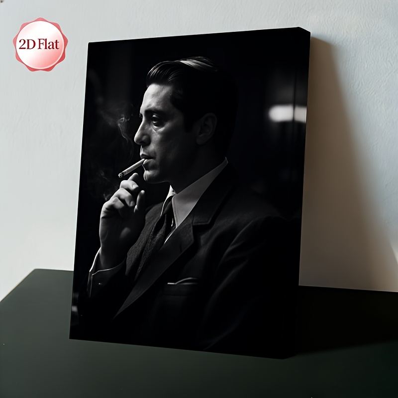 TEMU 2d Flat, 1pc Framed 2d Flat Canvas Print And White Portrait Of A Man Smoking In Suit Suitable For Living Room Office Study Bar Hotel Decor