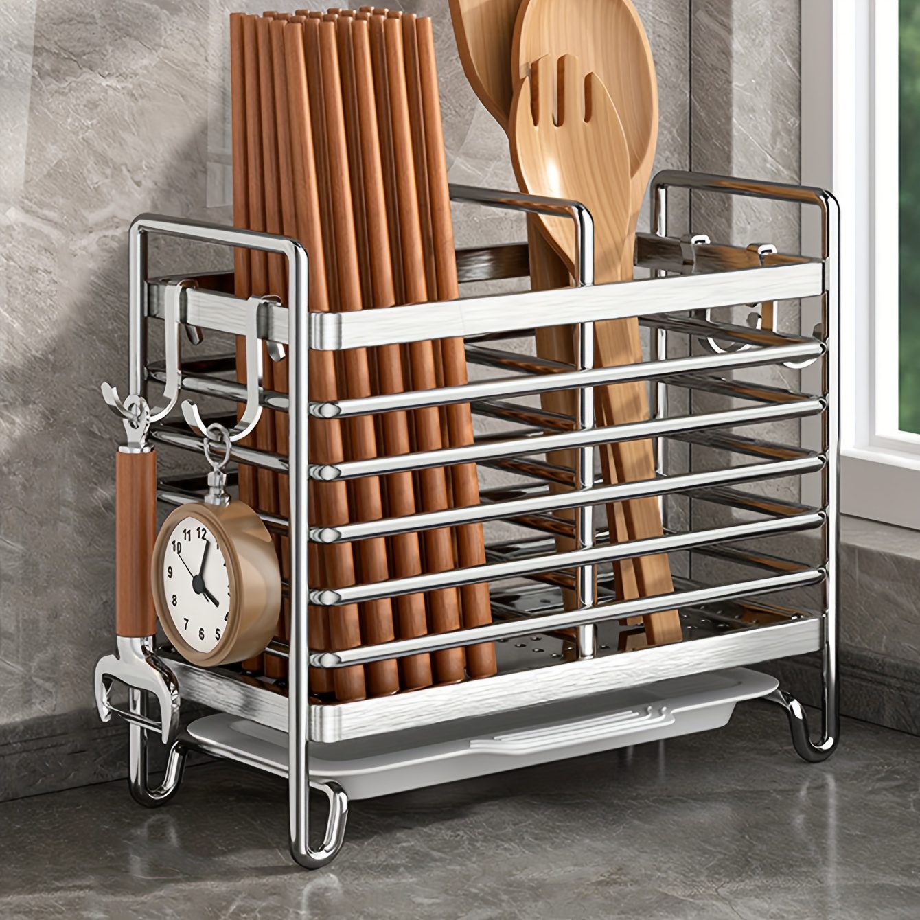 TEMU 1pc Chopstick Holder, Kitchen Punch-free Wall-mounted Cutlery Storage Box, 2/3 Grids With Drain Tray And 4 Hooks, Knife Storage - Perfect