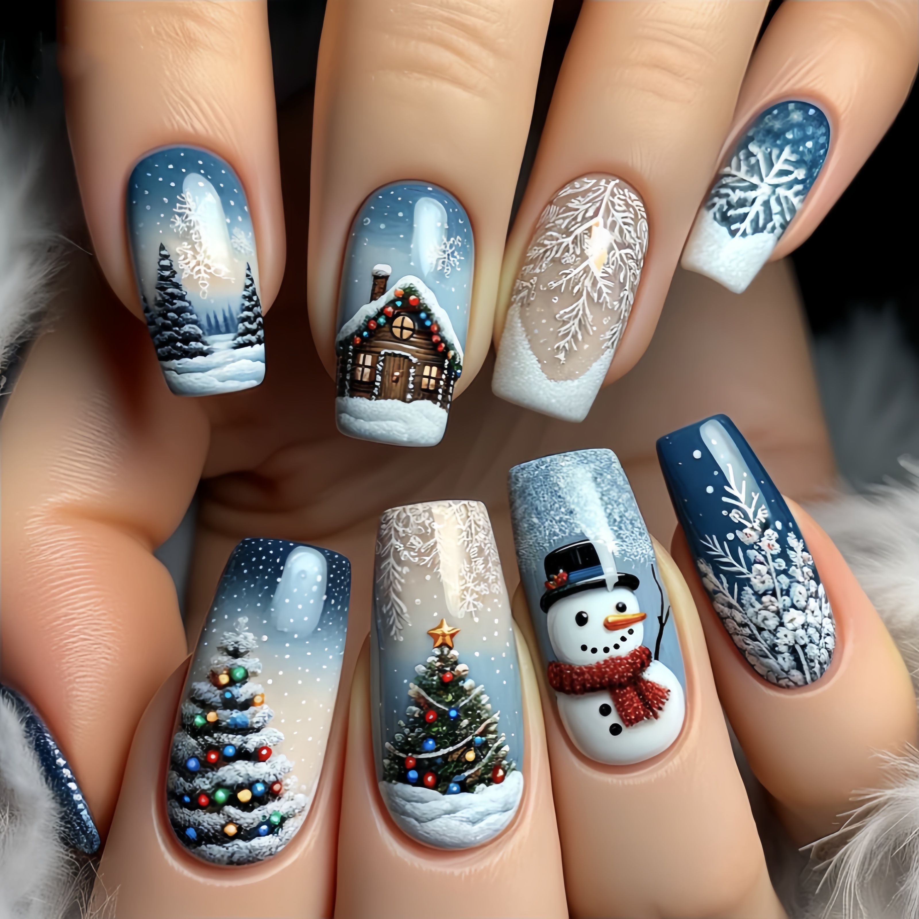 

Christmas Nail Art Stickers, Medium Length Ballet Shape, Blue Tone With Glossy Finish, Winter Snowman Snowflake Pattern, Animal & Plant Designs, 24- Set