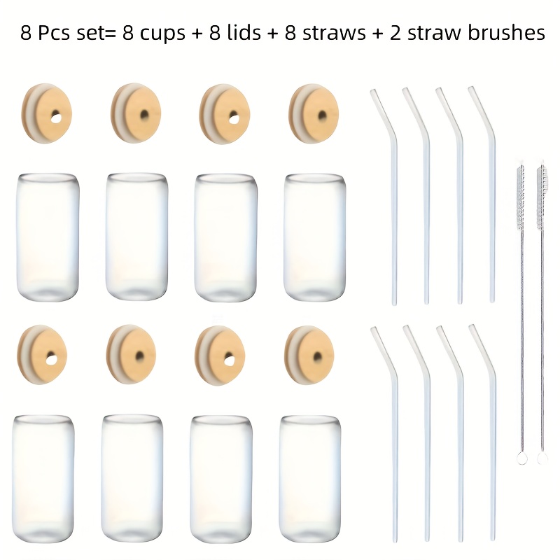 E-shop Becher-Set aus hochwertigem Borosilikatglas mit 4/6/8 Gläsern, 4/6/8 Strohhalmen, 4/6/8 Deckeln 2 Strohhalmbürsten. Hitzebeständige bruchsichere