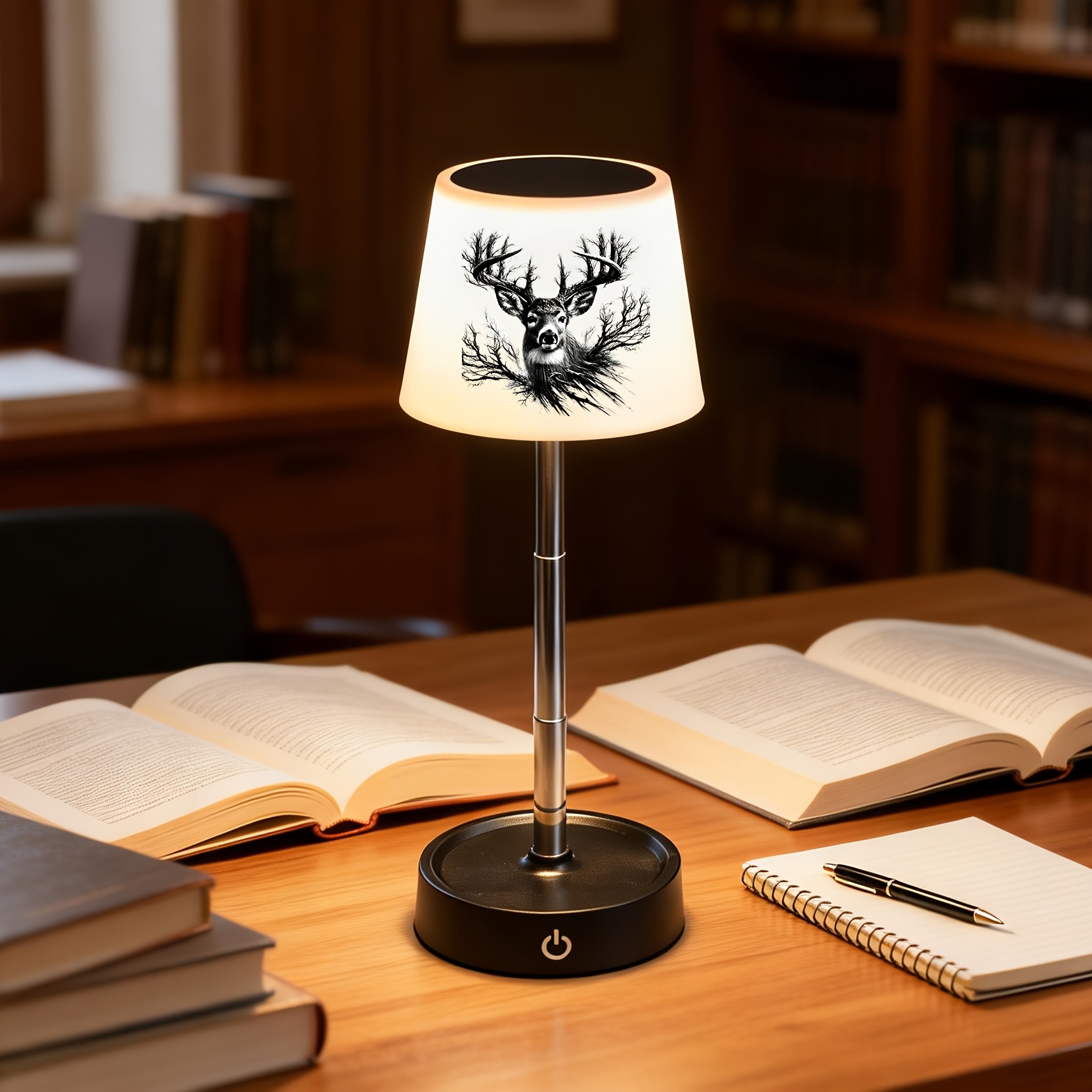 Black White Stag Deer & Branch Art Pattern Desk Lamp