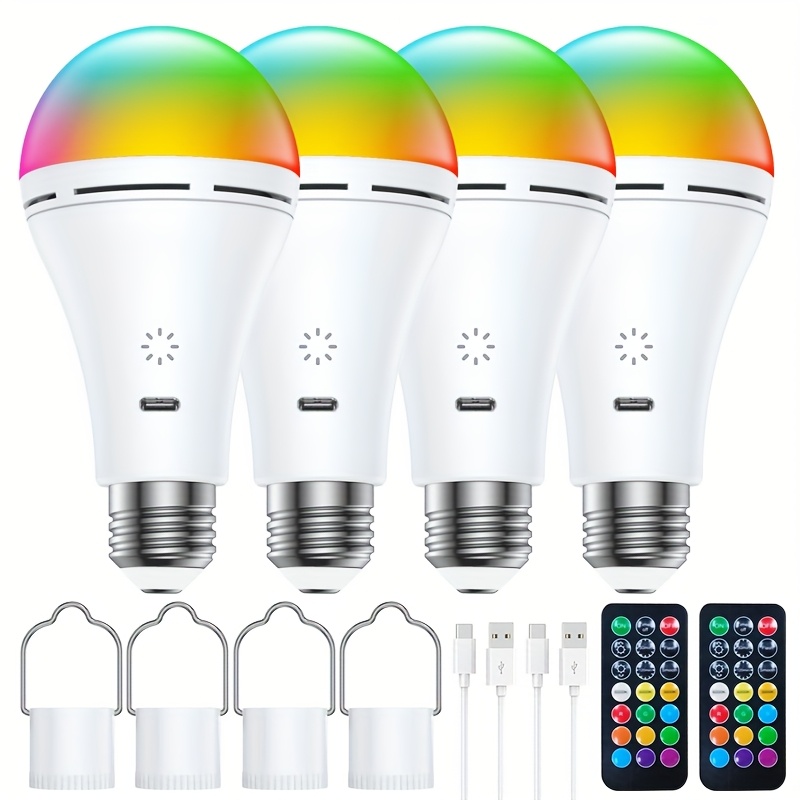 4 Pack Outdoor Camping Lights With Remote Control, Smart Rgb Color Changing Bulb, 9+3 Color Temperature, Led Dimmable Touch Control Bulb With Timing Function, A19