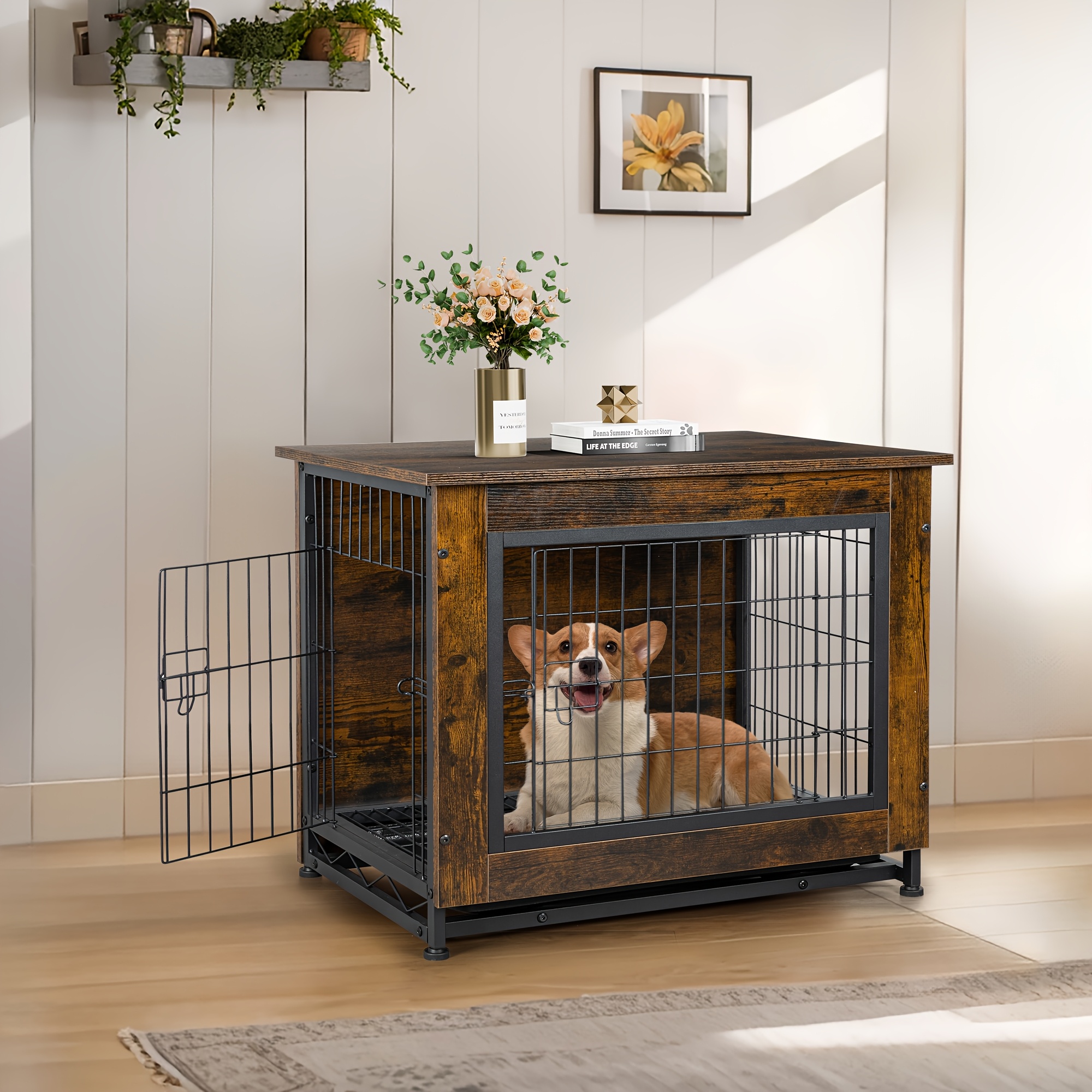 Unipaws Furniture Style Dog Crate End Table With Cushion, Wooden Wire
