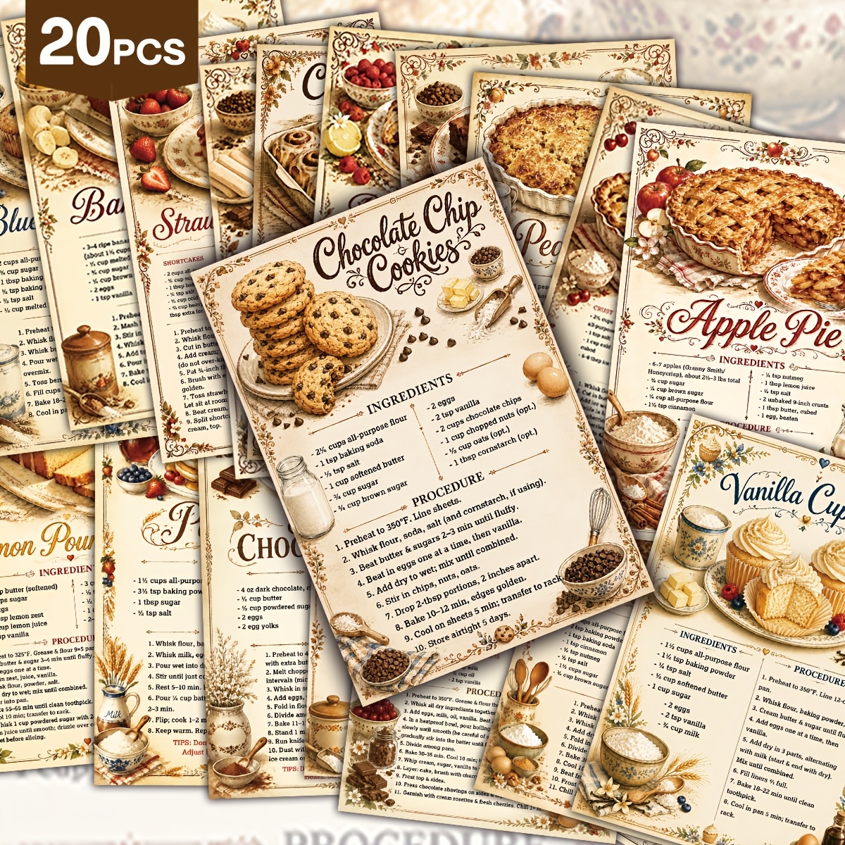 TEMU 20pcs Pcs Vintage Dessert Recipe Postcards Suitable For Baking - Retro Grandma's Classic Cookbook With Step--step Guides, Tiramisu, Pancakes,