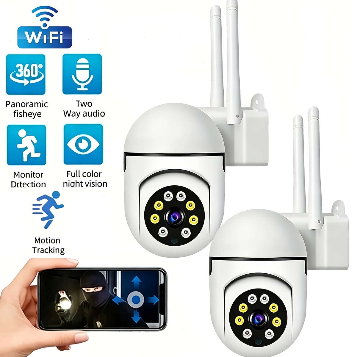 TEMU 2pcs Wireless Surveillance Camera, 355° Ptz, 2.4g Detection, Audio, Color Night Vision, Usb-powered Wifi Security Camera, 24/7 Video Monitoring,