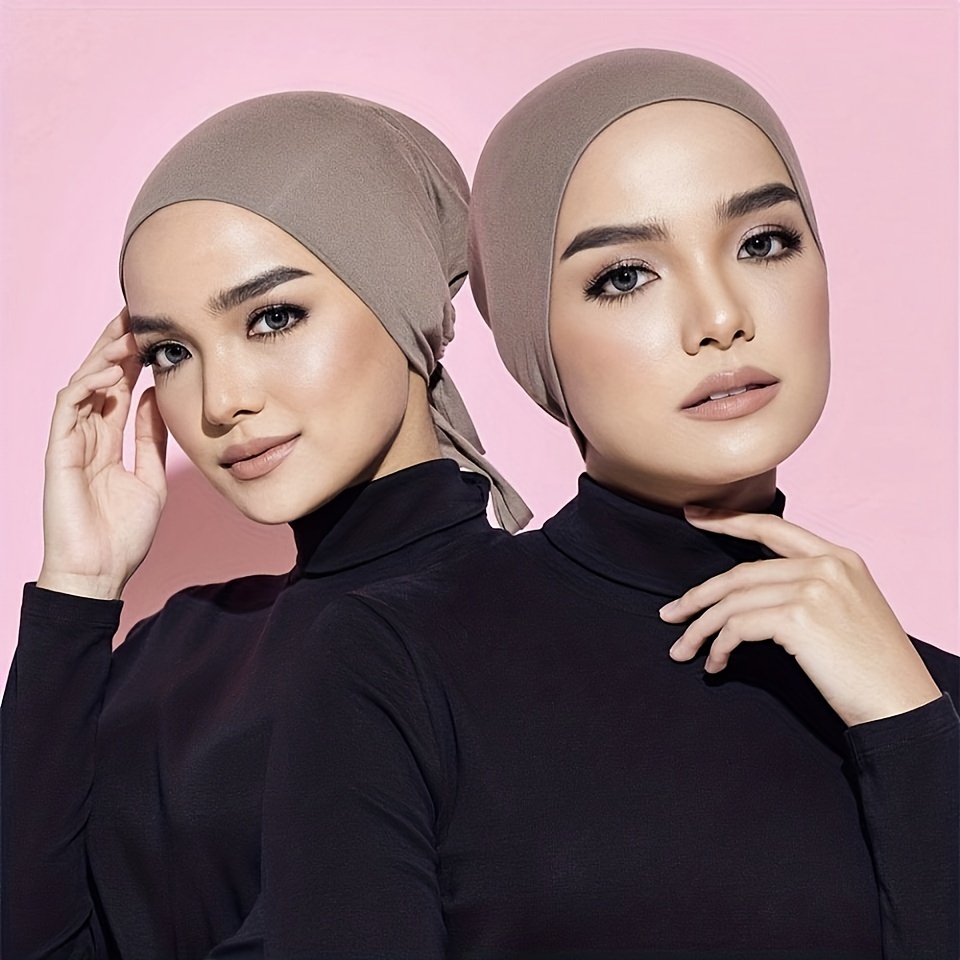 

4pcs/set Solid Color Tie Back Undercap Elastic Modal Inner Hijab Caps Simple Adjustable Convenient Pullover Caps For Women