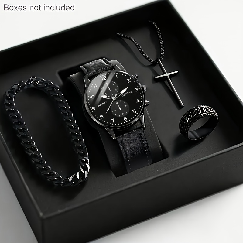 4pcs Men' & Women' Matching Set - PU Strap Quartz Watch with Bracelet, Necklace & Ring - Classic Sporty Style for Daily Wear, Birthday/Graduation Gifts for Him & Her - Affordable Luxury Watch Combo 4pcs