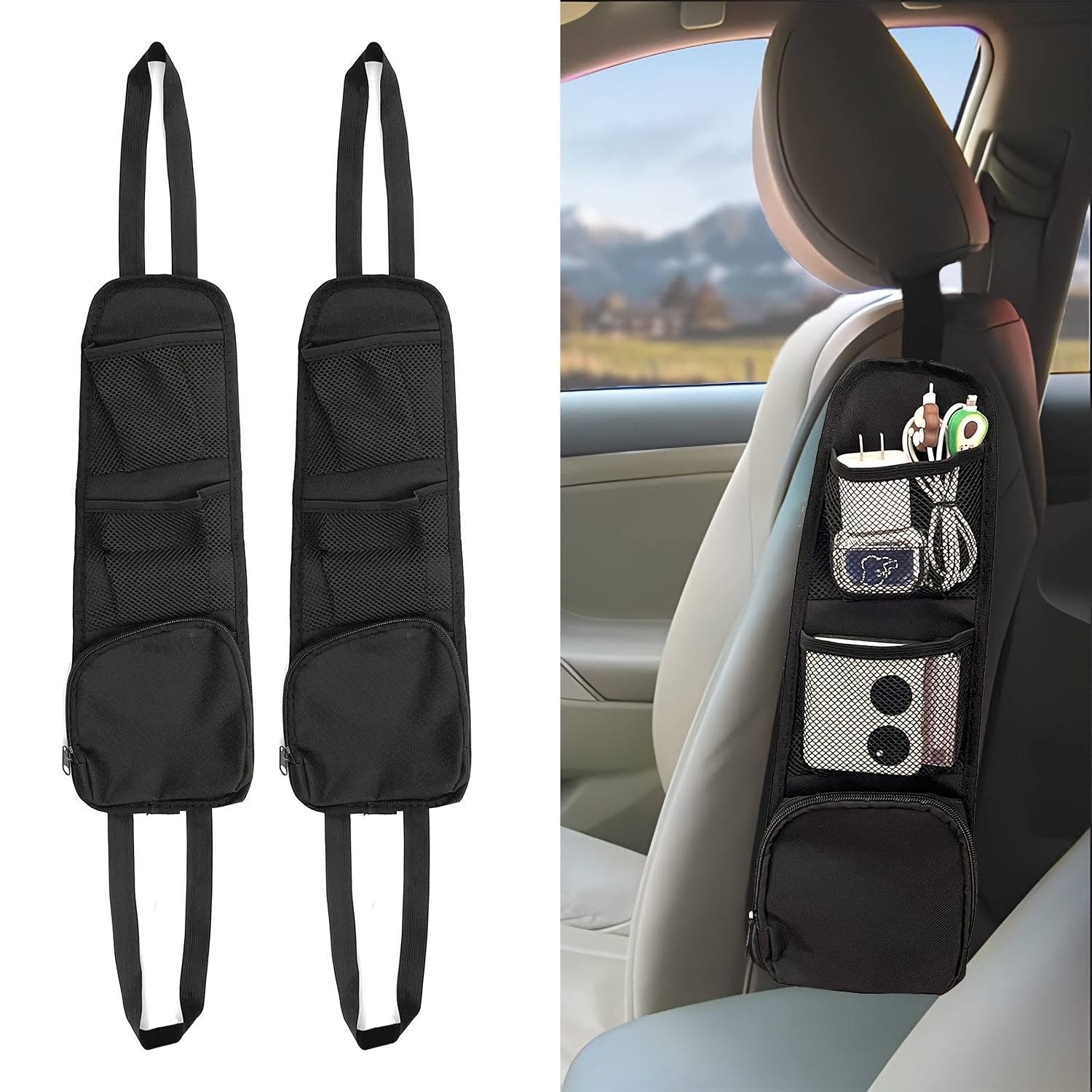 E-shop Multifunktionaler schwarzer Auto-Sitz-Organizer aus Nylon (mit Netztaschen) - Robuste, mehrfach geteilte Aufbewahrungselemente für den