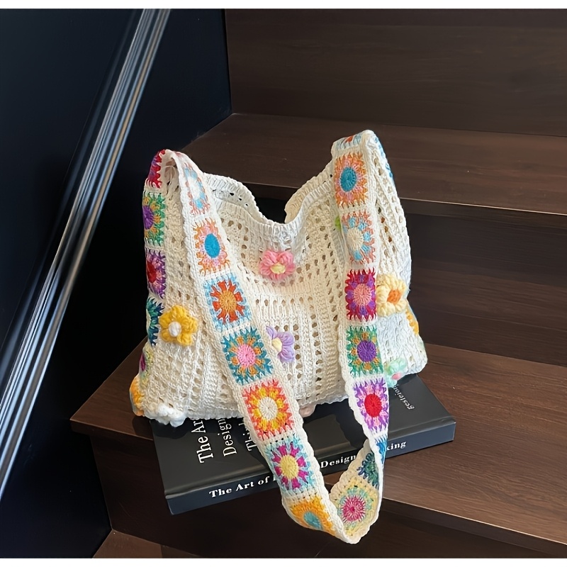 TEMU Borsa Tote Grande Capacit� Stile Bohemien, Borsa a con Uncinetto (Posizione Casuale), Borsa a Spalla Multicolore in Maglia Traforata, Borsa a