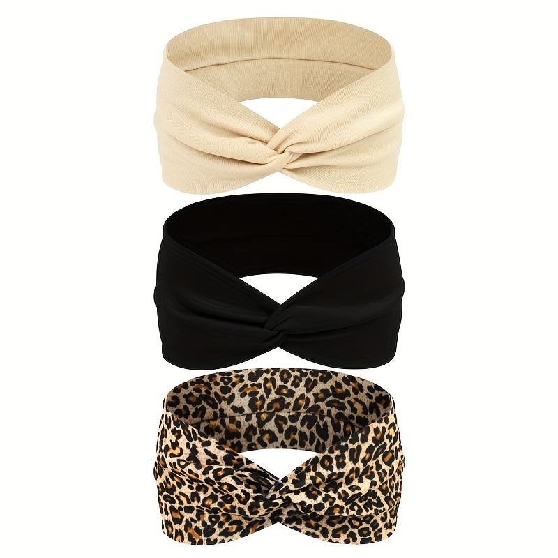 TEMU 3pcs/set Leopard Print Solid Color Women's Headband Set, Elastic Hair Ties, Gift, Multiple Colors , Suitable For Sports, Yoga, And Daily Use