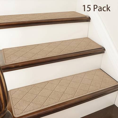 15-Pack Non-Slip Stair Treads with Self- Backing - Beige/ Brown Carpet Steps, 20.32cm x 76.2cm Wide Treads for Wooden Stairs, -Skid Safety Grips for Elderly, Pets, - & Removal, Durable Indoor Staircase Decor - Ideal for Home, Office, Hotel Use - Reusable Peel and Stick for Wood Stairs, Textured Surface for Grip, Beige/ , Non Slip Stair Mats, Stairs Decoration for Home, Stair Treads Washable, Stairs, Treads for Stairs