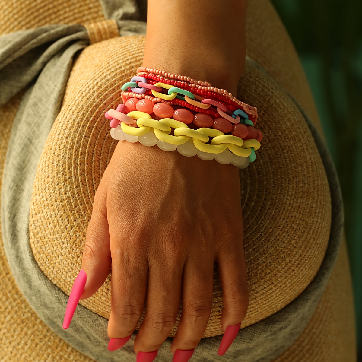 

9pcs/set Stretch Beaded Colorful Acrylic Chain Bracelet Set Mini Rice Beads Boho Style Summer Beach Stackable Hand Jewelry
