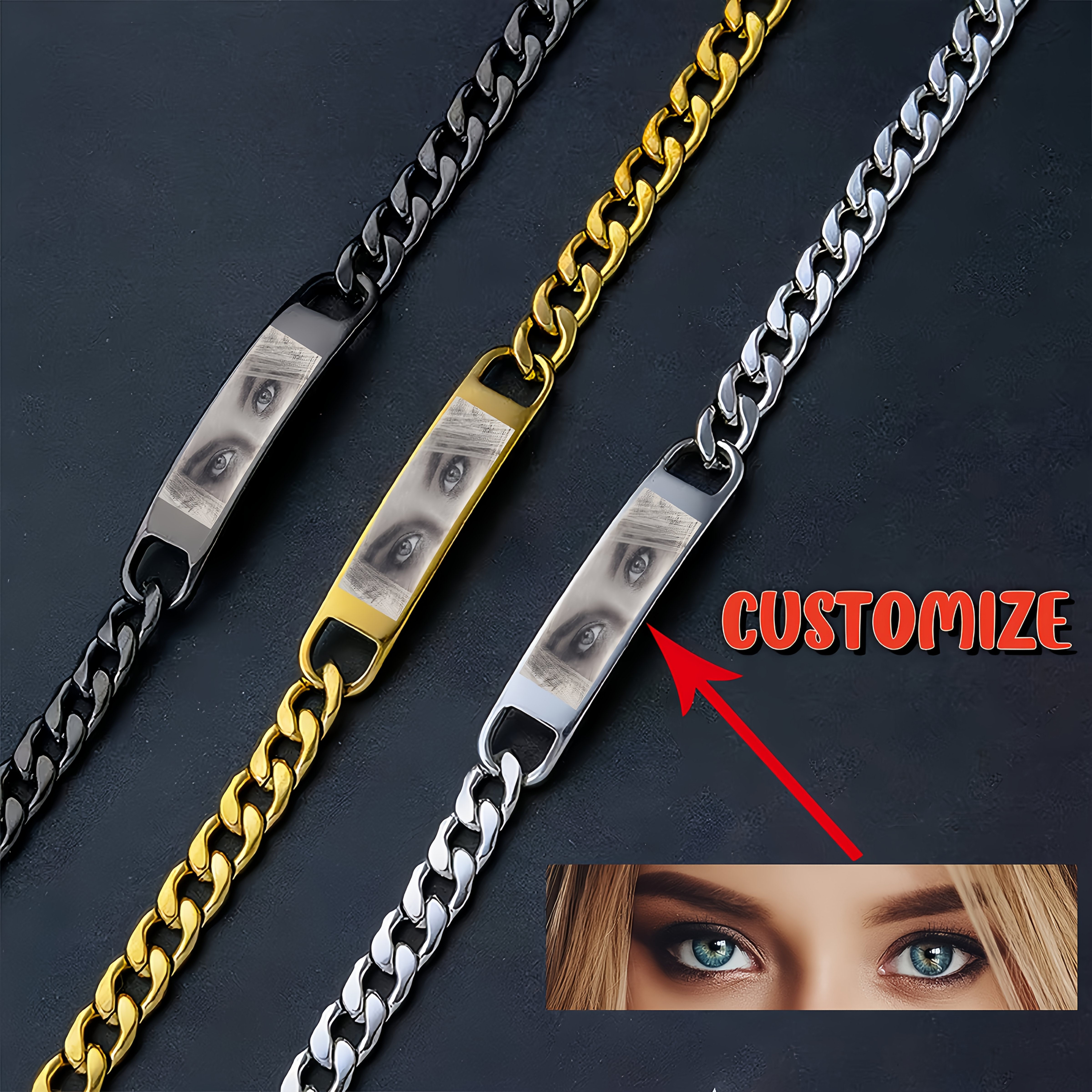 

Personalized Customized Bracelet With Eyes, From, Suitable For Lovers, Friends, Family, Pets, Commemorative Gift, Stainless Steel Adjustable Bracelet 1pc