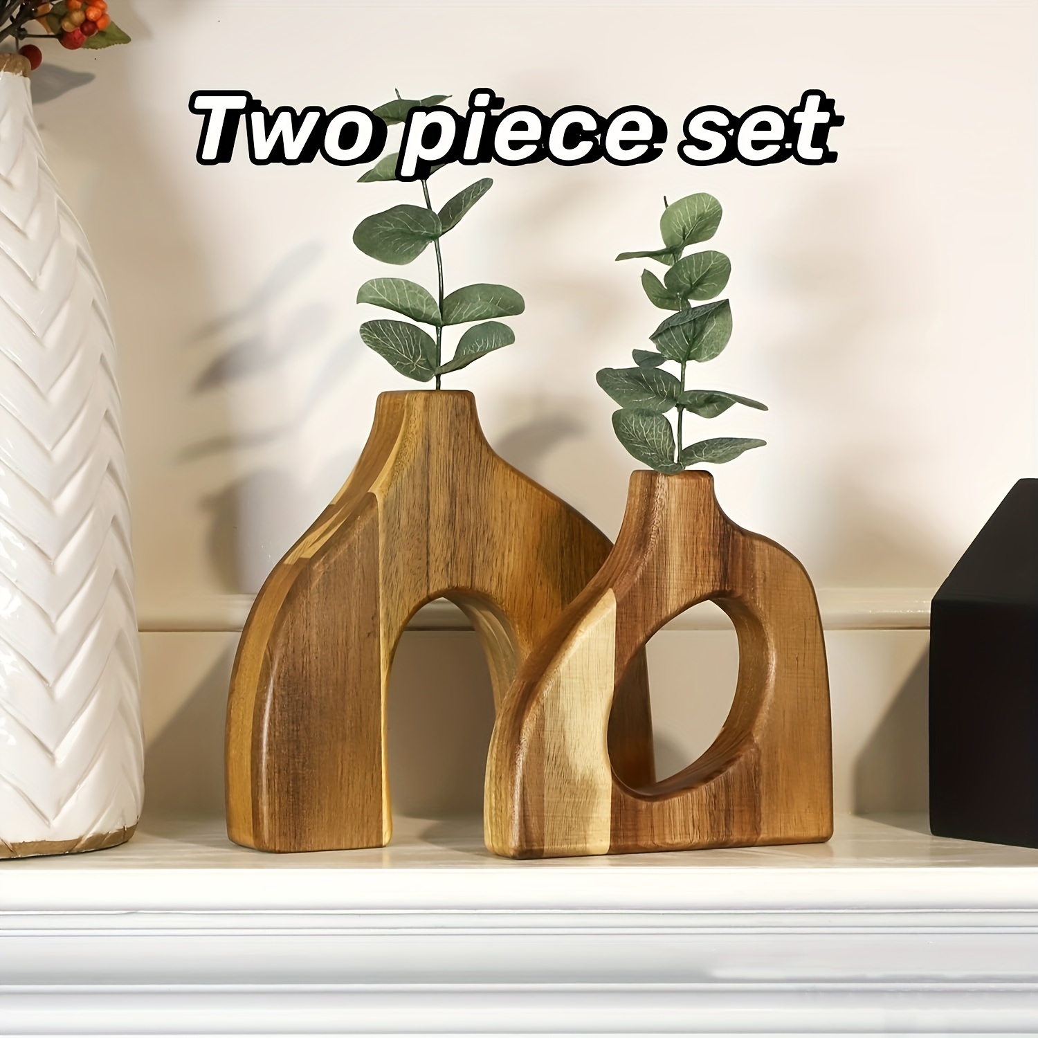 

Vintage Wooden Vase Set, Rustic Pedestal Shape, Decorative Decor, Style Tabletop Flower Vase For Living Room - 2 Piece Set