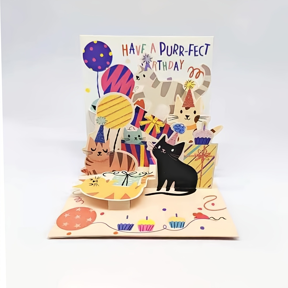 

1pc 3d Pop-up Cat Birthday Greeting Card, Theme, Paper Craft, With Personalization Options, For Cat Lovers, Friends, Colleagues, And Supervisors