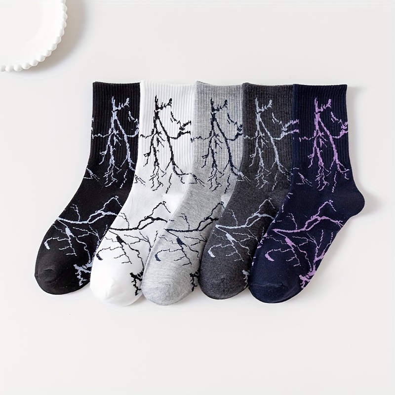 5-pack Women's Lightning Marble Pattern Long Socks, Trendy Solid Color Striped Mid-calf Athletic Socks