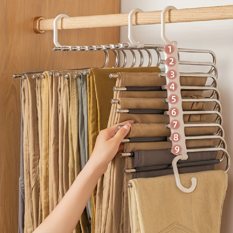 

Space-saving Multi-layer Pants Hanger, Closet Storage Organizer For Trousers Jeans Scarves, Metal Materials Home Wardrobe Folding Hanging Rack With 9 Slots