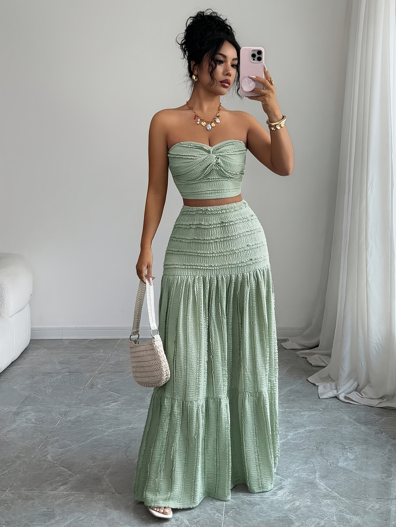 party dresses that hide belly bulge Women'S Jacquard Twisted Short Top And Loose Skirt Set, Elegant Fashion, Suitable for Birthday, Date, Party, Formal Occasions, Music Festival, Valentine'S Day, Easter, Labor Day, Back to Party, Belly Pooch Dress Style To