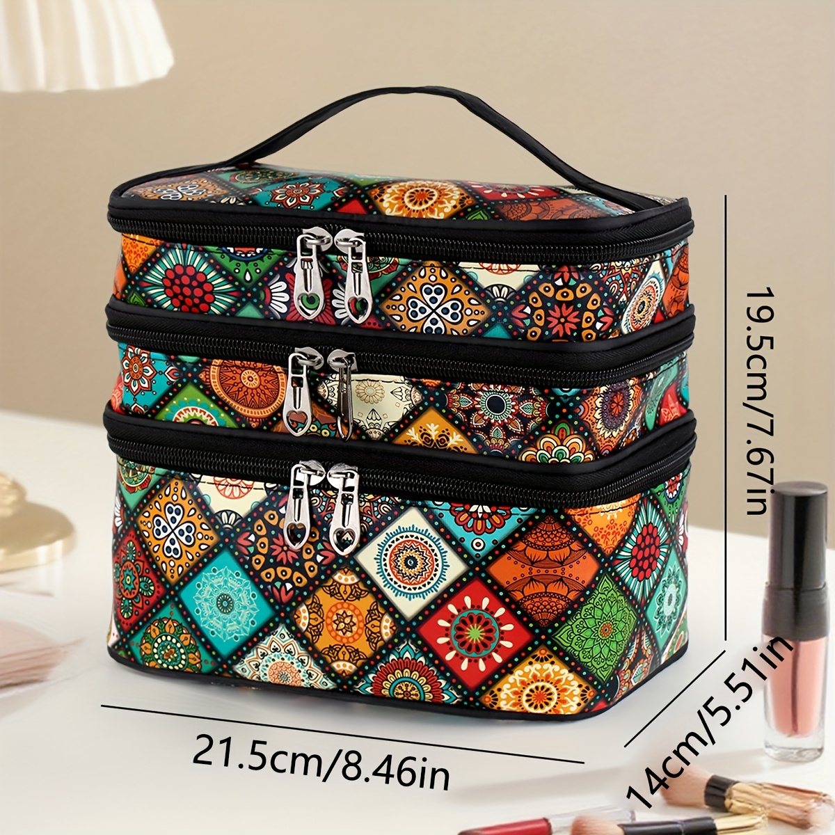 E-shop Modische Retro Make-up Tasche, Bohemian Style, Kosmetiktasche mit großem Fassungsvermögen und mehreren Schichten, für Zuhause, Reisen und den