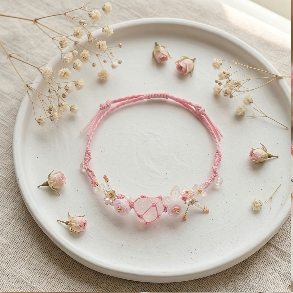 Crystal Handwoven Bracelet, Forest-Inspired Pink & White Design