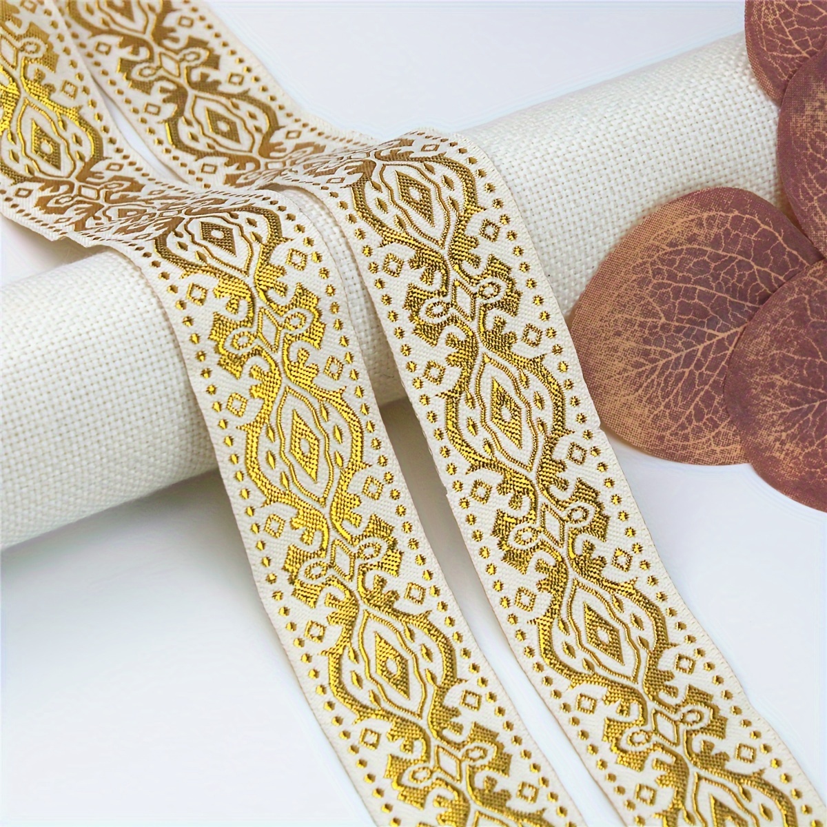 Image of 2 Meters Ethnic Golden Color Webbing Ribbon Hat Shoes Dress Decorative Embroidered Lace Trims Floral Sewing Additions