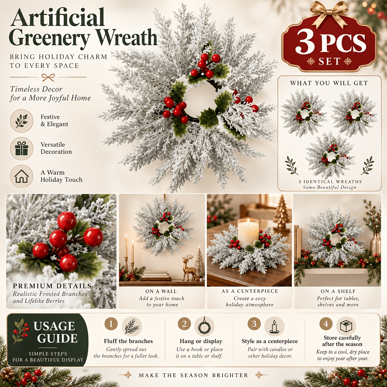 TEMU Lot de 3 guirlandes de table artificielles sur le thème de Noël avec paysage , décorations de style luxueux , branches de cèdre artificielles