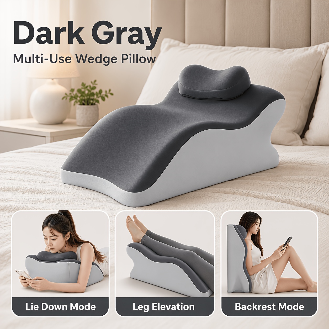 TEMU 61cm Large Multi-functional Wedge Support Pillow, Ergonomic Curved Backrest Pillow With Headrest, Suitable For Prone Sleeping, Leg Raising, Bed