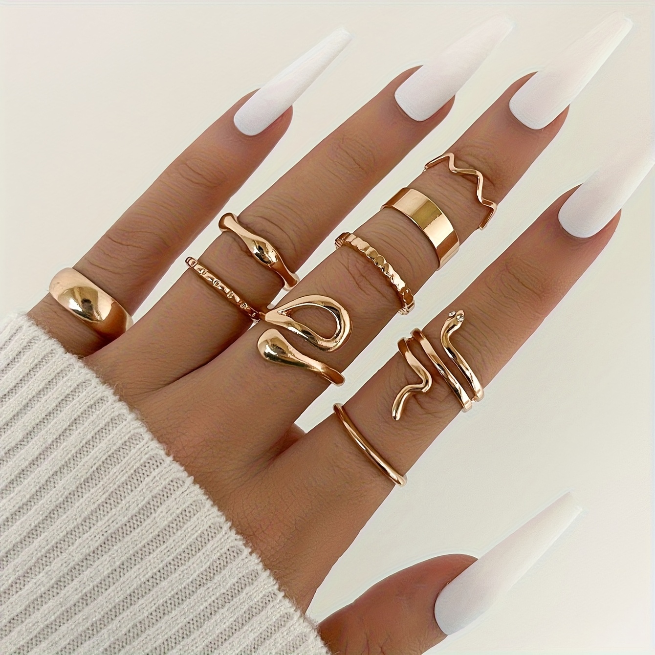 Image of 9pcs Alloy Ring Set: Minimalist, Sexy & Elegant Snake Wave Joint Rings - Versatile Stackable Jewelry Collection